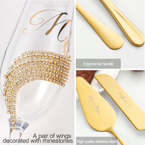 VARLKA Wedding Cake Knife and Server Set, Gold Mr and Mrs Champagne Flutes and Cake Cutting Set for Wedding Bridal Shower Gifts (Gold) - Image 2