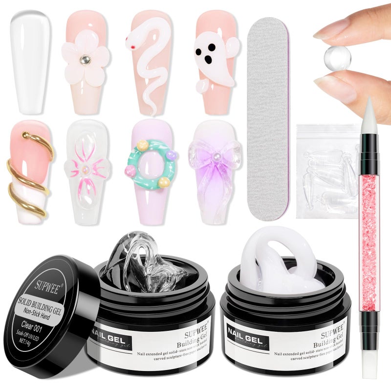 SUPWEE 3D Nail Art Gel Clear and White Solid Builder Gel for Nails Non-Stick Hand Sculpture Hard Gels with Dual Form for Carving Patterns Decoration Nail Art Home Manicure DIY - Image 1