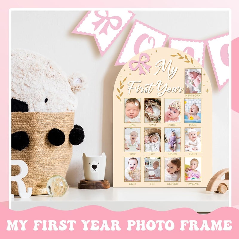 Guiqulai إطار صور السنة الأولى الخاص بي 3D مزين بقوس وردي شهري لوحة صور عيد الميلاد الأول لفتاة، لافتة كرسي عالي، قمة كعكة، زينة عيد الميلاد الأول - Image 2