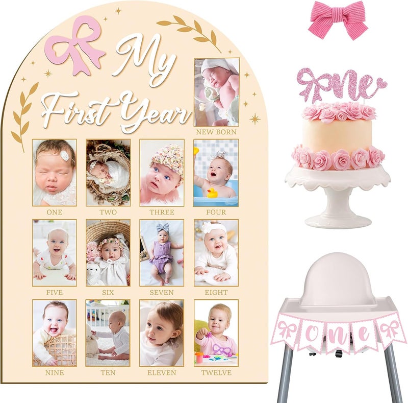 Guiqulai إطار صور السنة الأولى الخاص بي 3D مزين بقوس وردي شهري لوحة صور عيد الميلاد الأول لفتاة، لافتة كرسي عالي، قمة كعكة، زينة عيد الميلاد الأول - Image 1