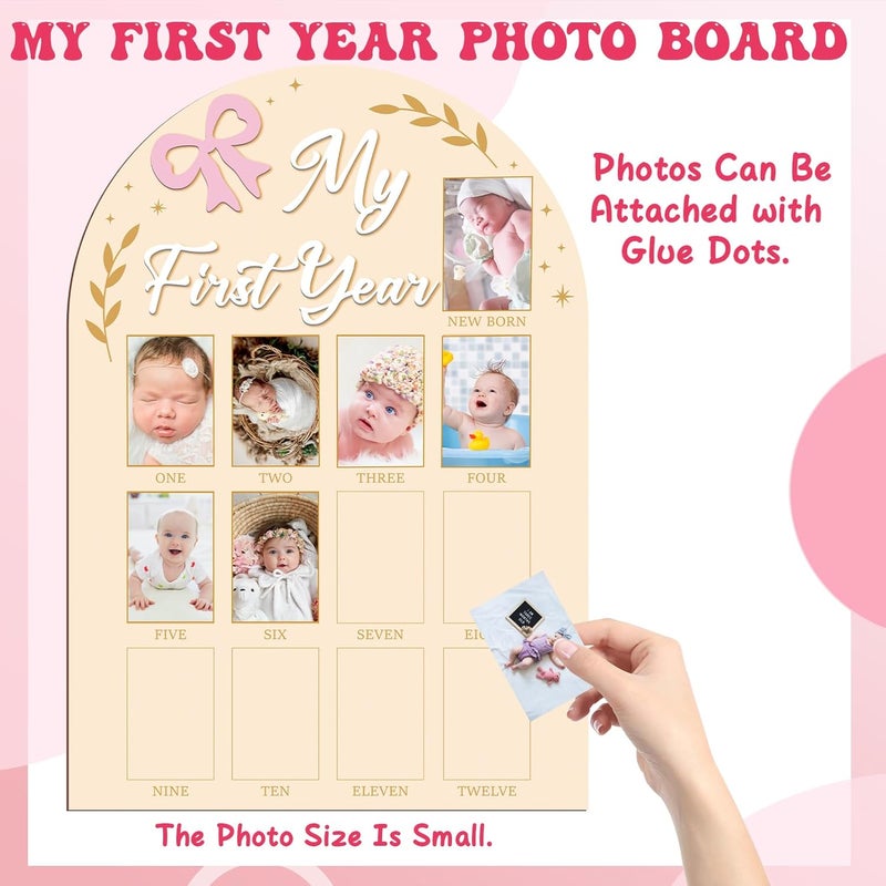 Guiqulai إطار صور السنة الأولى الخاص بي 3D مزين بقوس وردي شهري لوحة صور عيد الميلاد الأول لفتاة، لافتة كرسي عالي، قمة كعكة، زينة عيد الميلاد الأول - Image 5
