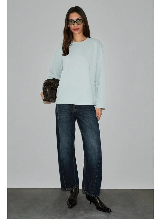 GRIMELANGE NEAT Women's Organic Cotton Bike Neck Oversized Fit Long Sleeve Grey T-Shirt.