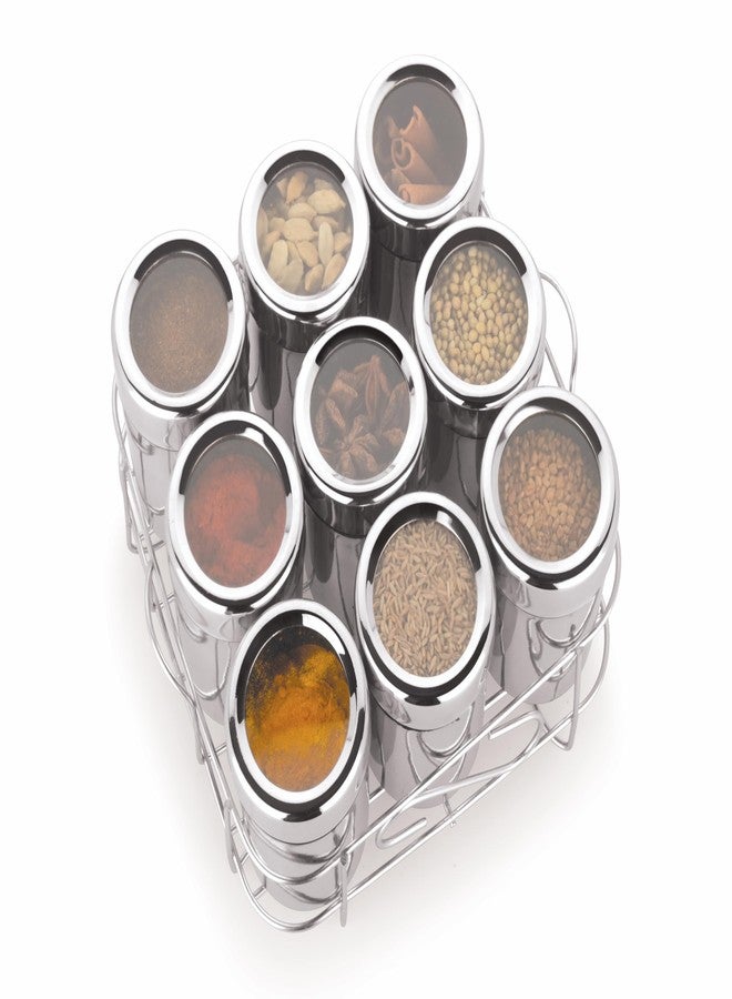 VISAXMI Masala Box for kitchen | Spice box for kitchen | Square Masala Box | Masala Dani Steel | Spice Storage Box with See through Lid & Stand (Silver, 175 ml, 9 Spoon, 9 Container) - Image 1