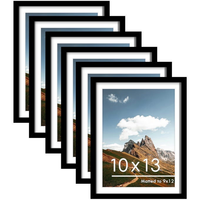 10X13 PICTURE FRAMES SET OF 6 DISPLAY PICTURES 9X12 WITH MAT OR 10X13 WITHOUT MAT FOR WALL MOUNTING OR TABLE TOP PHOTO FRAMES COLLAGE FOR WALL DECOR BLACK