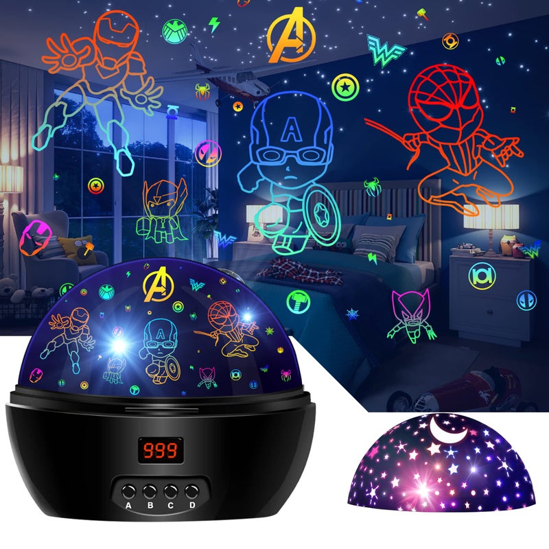 MOKOQI Kid Light Projector Superhero Toys for Boys 57 Avengers Night Light Projector with Timer for Kids Room 360 Degree Rotation Toddler Nightlights with Spiderman Figurine Lamps and Star Projector