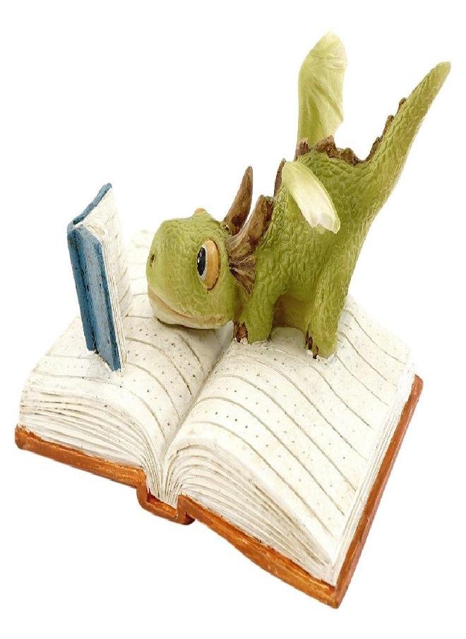 Top Collection Top Collection Miniature Fairy Garden and Terrarium Mini Dragon Reading Figurine, Green White  - Image 3