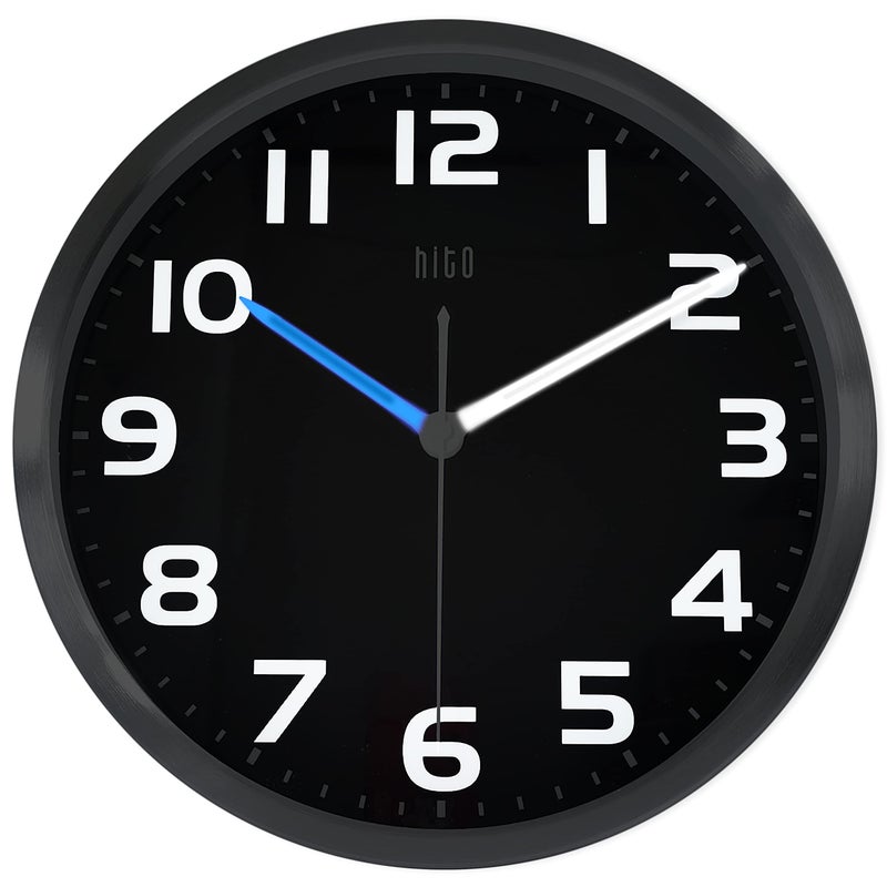 HITO 12 Inch Night Light Wall Clock Battery Operated Brightness Adjustable Metal Frame Glass CoverHands  Numbers Illuminate
