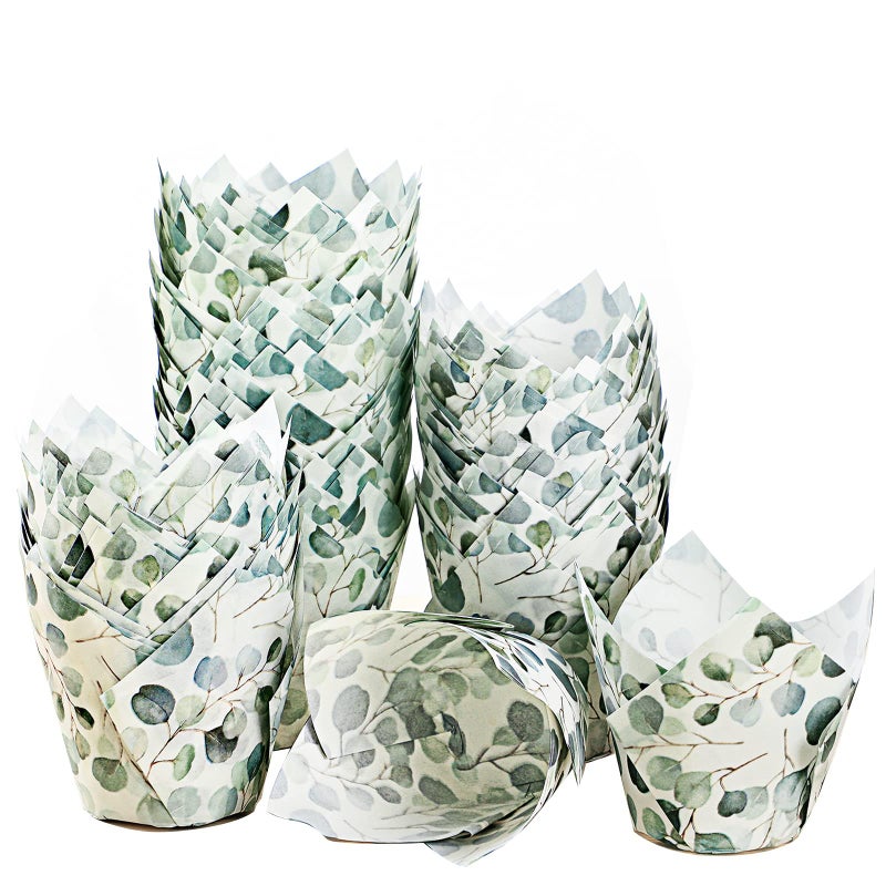 Funtery 200 Pcs Green Tulip Cupcake Wrappers Liners Tulip for Baking Eucalyptus Cupcake Liners Mini Baby Shower Baking Rustic Wedding Birthday Party Decorations for Bridal Shower Festival Party