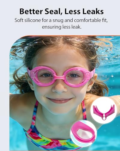 Pixel Panda 2 Pack Kids Swim Goggles with Fabric Strap for 3-14 Anti-Fog Anti-UV, No Leak No Hair Pulling Swimming Goggles Boys Girls Youth Toddlers Pool Water Protection(Purple and Rose Red) - Image 4