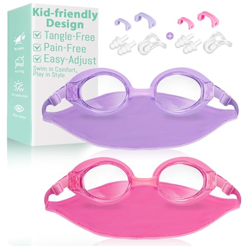 Pixel Panda 2 Pack Kids Swim Goggles with Fabric Strap for 3-14 Anti-Fog Anti-UV, No Leak No Hair Pulling Swimming Goggles Boys Girls Youth Toddlers Pool Water Protection(Purple and Rose Red) - Image 1