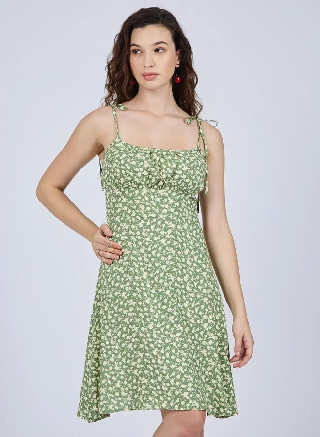 OUTZIDR Green Floral Strappy Mini Dress