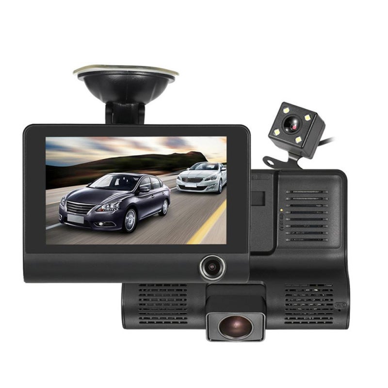 كاميرا تسجيل فيديو داخلية خارجية للسيارة بتقنية DVR بقياس 4 بوصة وثلاث عدسات ومستشعر ج (G-sensor) - Image 1