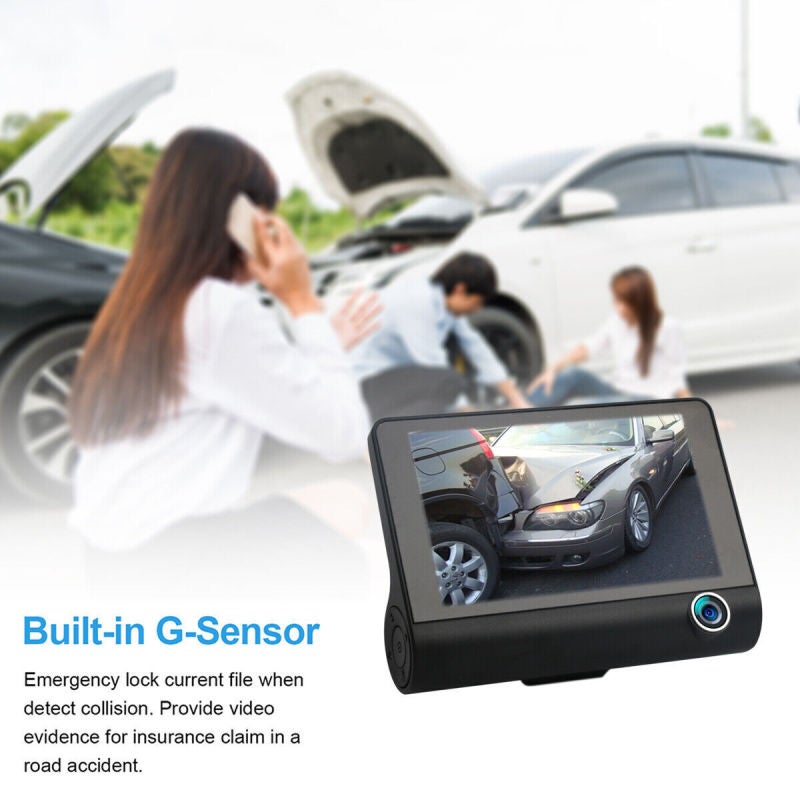 كاميرا تسجيل فيديو داخلية خارجية للسيارة بتقنية DVR بقياس 4 بوصة وثلاث عدسات ومستشعر ج (G-sensor) - Image 2