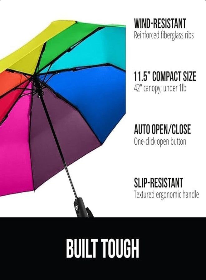 HELIMIX Compact Travel Umbrella Rainbow 9 Rib Windproof Umbrella with Automatic Open & Close, Lightweight, Foldable, UV Resistant - 46" Large Canopy for Rain & Sun Protection - Image 2