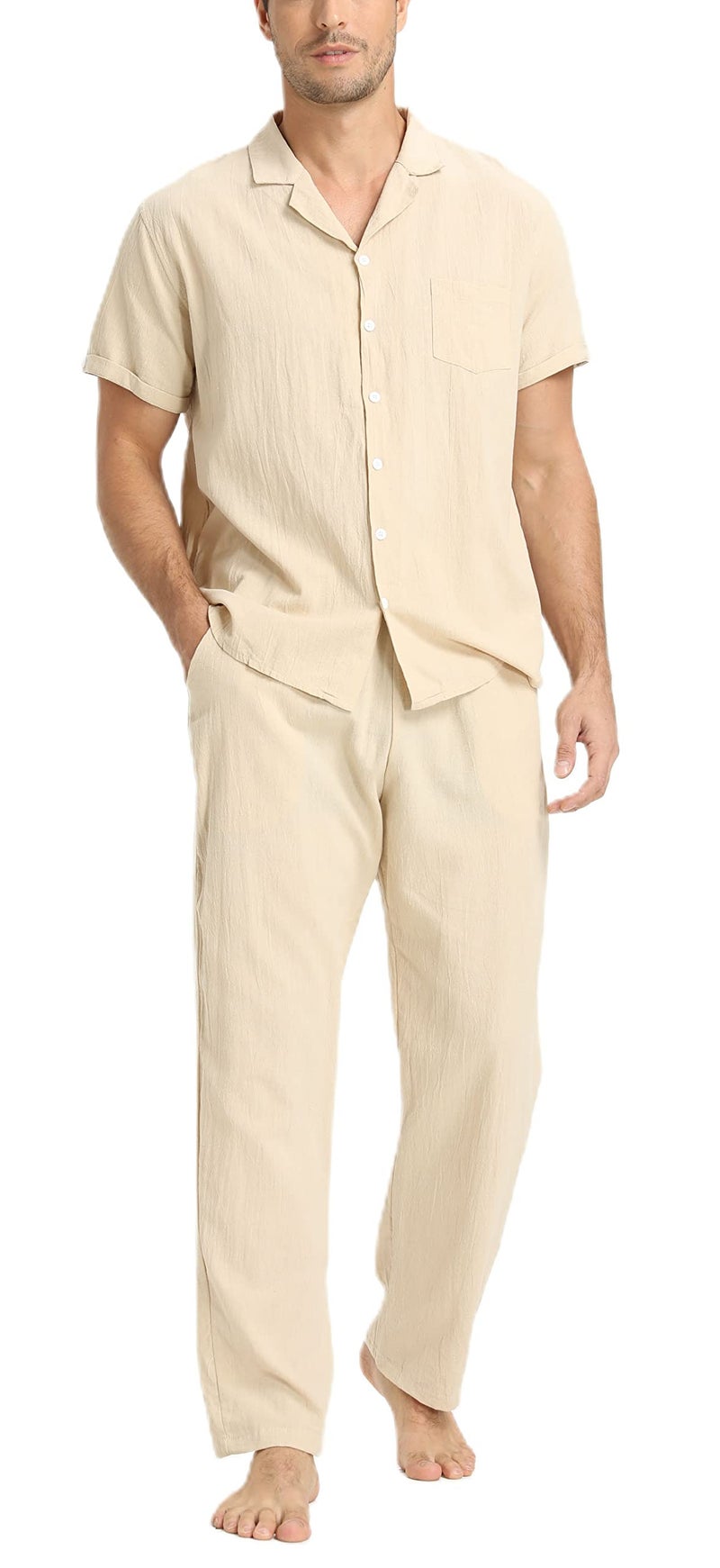 RPOVIG Linen Shirt Pants OutfitsMens Linen Sets 2 Piece Short Sleeve Shirts Yoga Pants Beach Wedding Suits