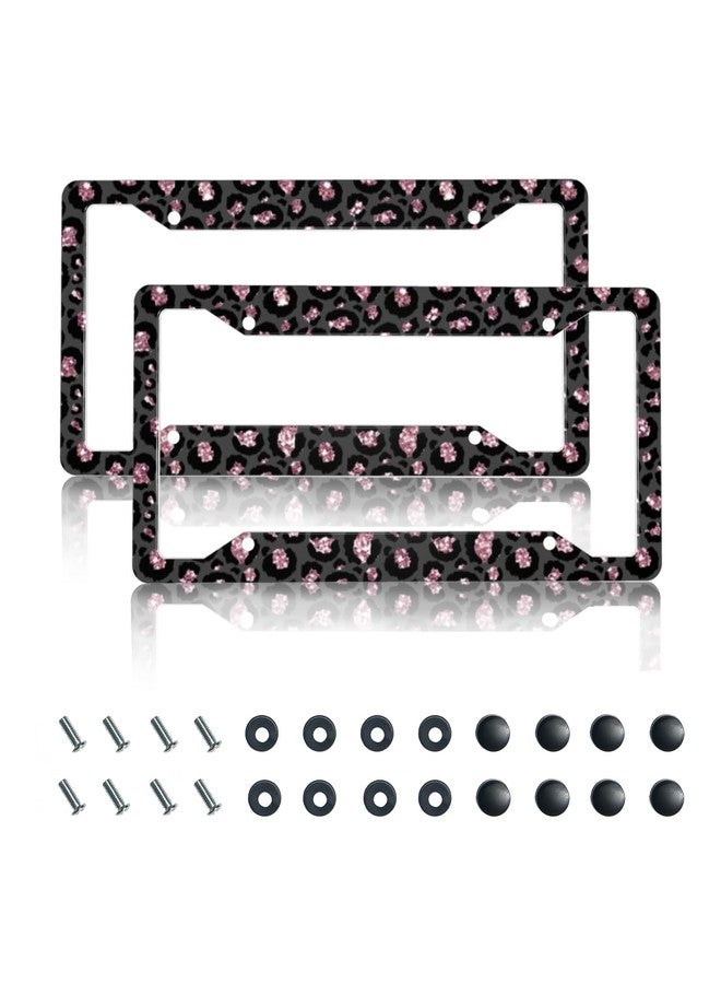 CTVSLFU License Plate Frame 2 Pack Aluminum Metal Rust-Proof Front & Rear Car Tag Holder with 4 Holes, Universal Car Accessories with Screws for Men & Women - 009 Black Pink Leopard - Image 1