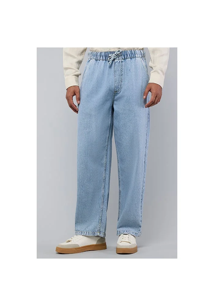 Washed Straight Fit Jeans with Elastic Waist