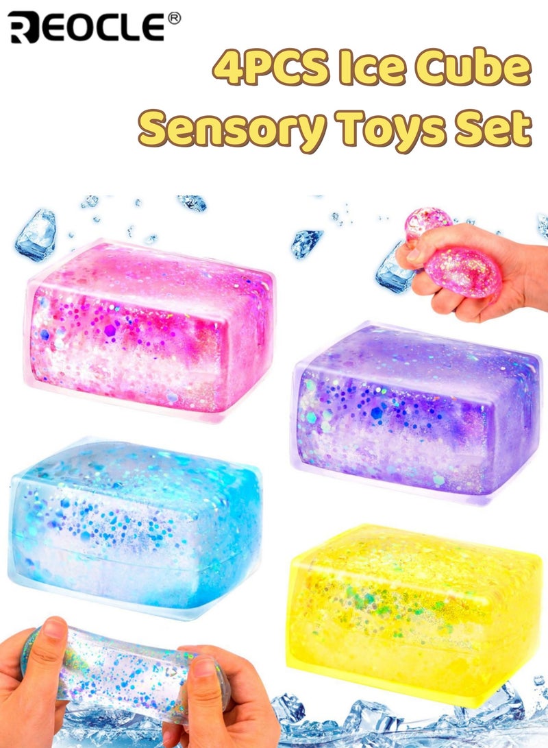 REOCLE 4PCS Ice Cube Stress Ball Sensory Toys Set Party Favors Squeeze Kids Toys Stress Relief Toy with Aurora Sequin Anxiety Stress Relief Sensory Fidget Ball for Special Needs and Office Soft Squishy Easy to Squeeze Ideal for Kids Adults Men Women - Image 1