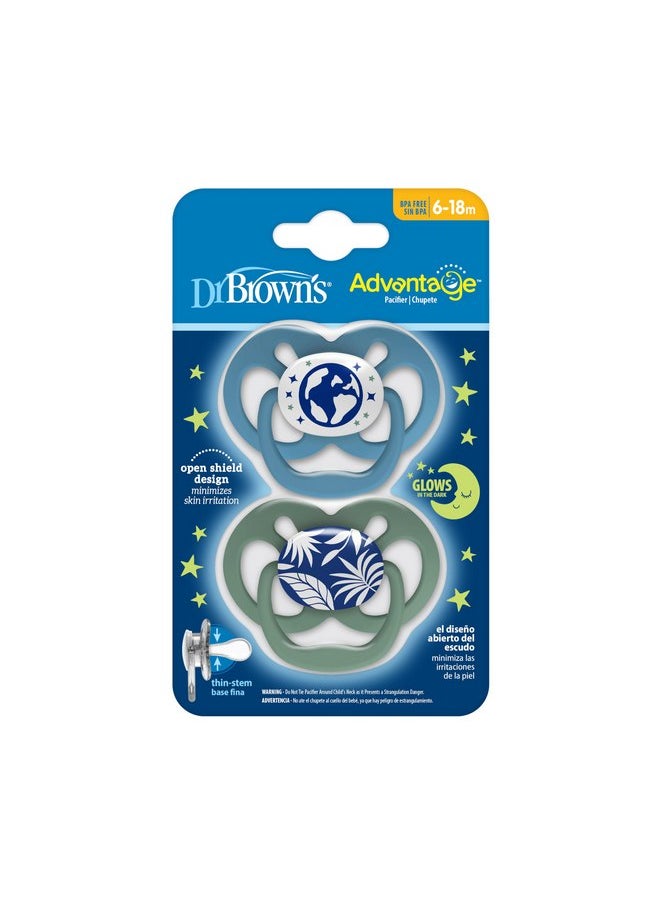 Dr. Brown's لهايات Dr. Brown's Advantage Baby Pacifiers، مضيئة في الظلام، للأطفال من عمر 6 إلى 18 شهرًا، باللون الأزرق، عدد 2  - Image 2