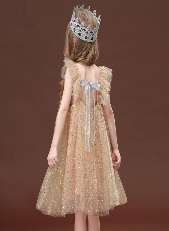 AGQT Infant Girls Christmas Tulle Tutu Dress Flutter Sleeve Layered Summer Babydoll Birthday Tea Party Gowns Baptism Christening Pageant Sundress Gold Apricot-Sequin Dot Size 6-12 Months - Image 4