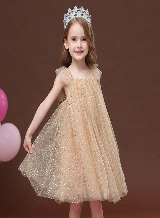 AGQT Infant Girls Christmas Tulle Tutu Dress Flutter Sleeve Layered Summer Babydoll Birthday Tea Party Gowns Baptism Christening Pageant Sundress Gold Apricot-Sequin Dot Size 6-12 Months - Image 3