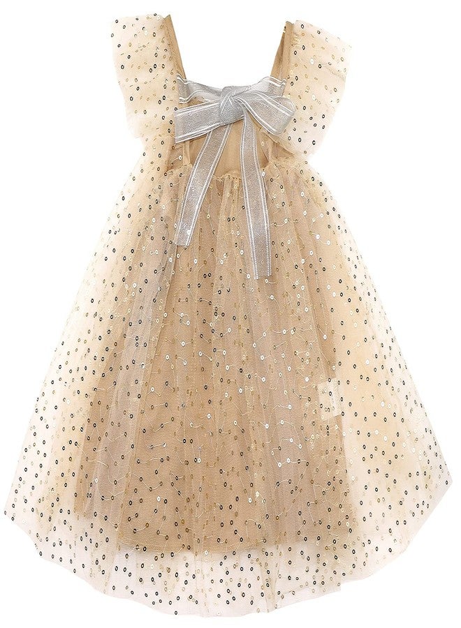 AGQT Infant Girls Christmas Tulle Tutu Dress Flutter Sleeve Layered Summer Babydoll Birthday Tea Party Gowns Baptism Christening Pageant Sundress Gold Apricot-Sequin Dot Size 6-12 Months - Image 1