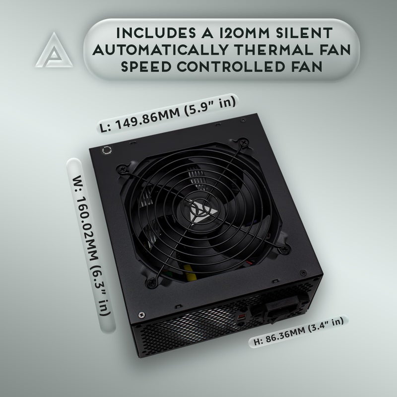 Apevia SPIRIT600W Spirit 600W ATX Power Supply with Auto-Thermally Controlled 120mm Fan, 115/230V Switch, All Protections - Image 5