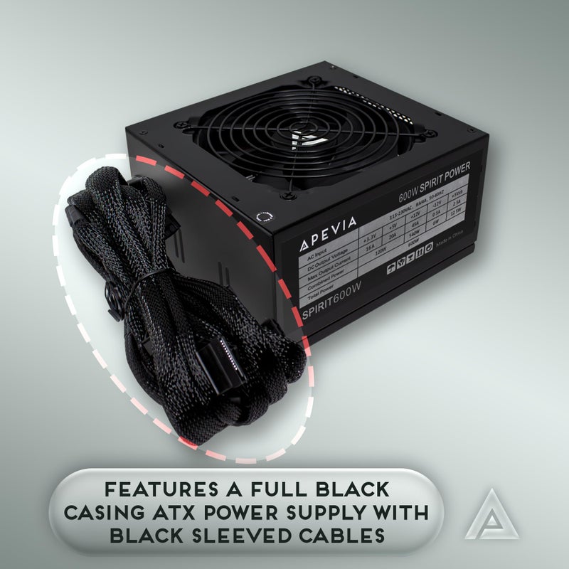 Apevia SPIRIT600W Spirit 600W ATX Power Supply with Auto-Thermally Controlled 120mm Fan, 115/230V Switch, All Protections - Image 2