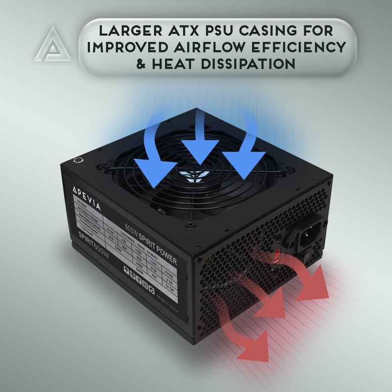 Apevia SPIRIT600W Spirit 600W ATX Power Supply with Auto-Thermally Controlled 120mm Fan, 115/230V Switch, All Protections - Image 3