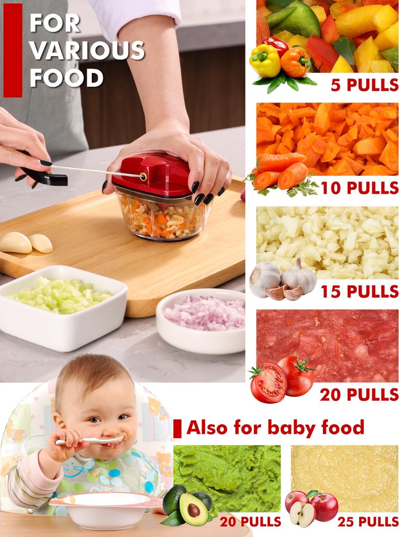 Geedel Manual Food Processor Vegetable Cutter, Geedel Pull Chopper with String, Food Chopper Vegetable Cutter for Veggies, Fruits, Salad, Onion, Nuts, Herbs, etc, 2 Cup(500ml), Red - Image 3
