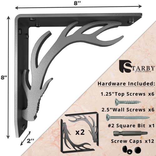 Starby Elk Lodge Antler Heavy Duty Steel Fireplace Mantel Brackets, Floating Shelf, Countertop Support, Log Cabin - Hand Welded (2 Pack) (8 x 8 x 2) - Image 3