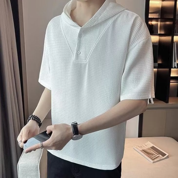 Standard T-Shirt Youth Popular Harajuku New Trend Ins Fashion Fashion Brand Hooded Half Sleeve Spring Men'S Solid Color - Image 3