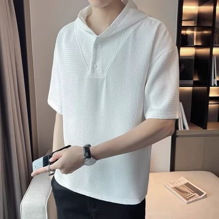 Standard T-Shirt Youth Popular Harajuku New Trend Ins Fashion Fashion Brand Hooded Half Sleeve Spring Men'S Solid Color - Image 2