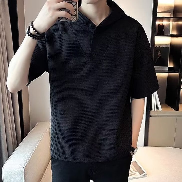 Standard T-Shirt Youth Popular Harajuku New Trend Ins Fashion Fashion Brand Hooded Half Sleeve Spring Men'S Solid Color - Image 4