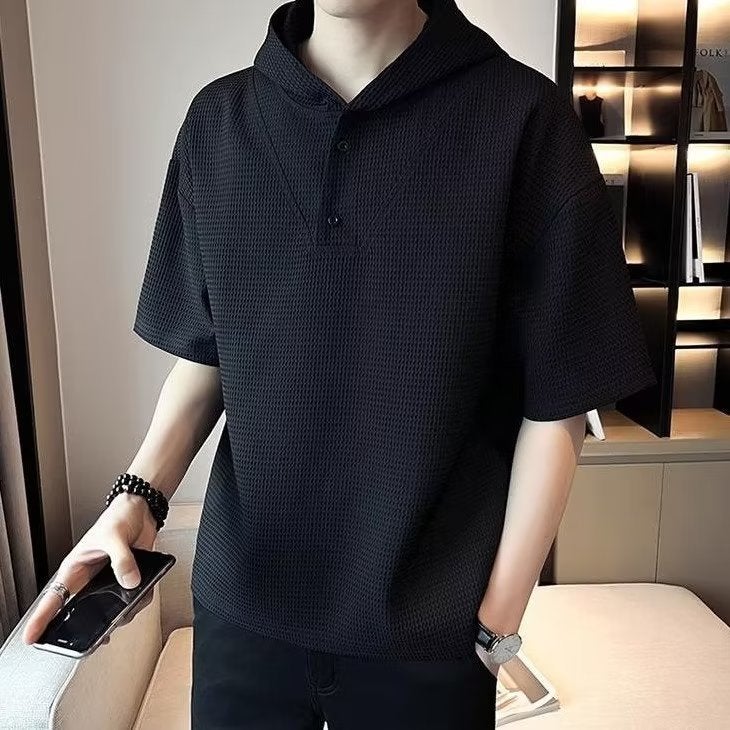 Standard T-Shirt Youth Popular Harajuku New Trend Ins Fashion Fashion Brand Hooded Half Sleeve Spring Men'S Solid Color - Image 5