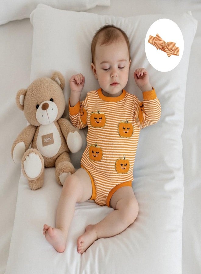 MERSARIPHY Newborn Baby Girl Boy Halloween Outfits Long Sleeve Stripe Waffle Knit Pumpkin Bubble Romper Fall Winter Clothes (Orange cute boo, 6-12 Months) - Image 2