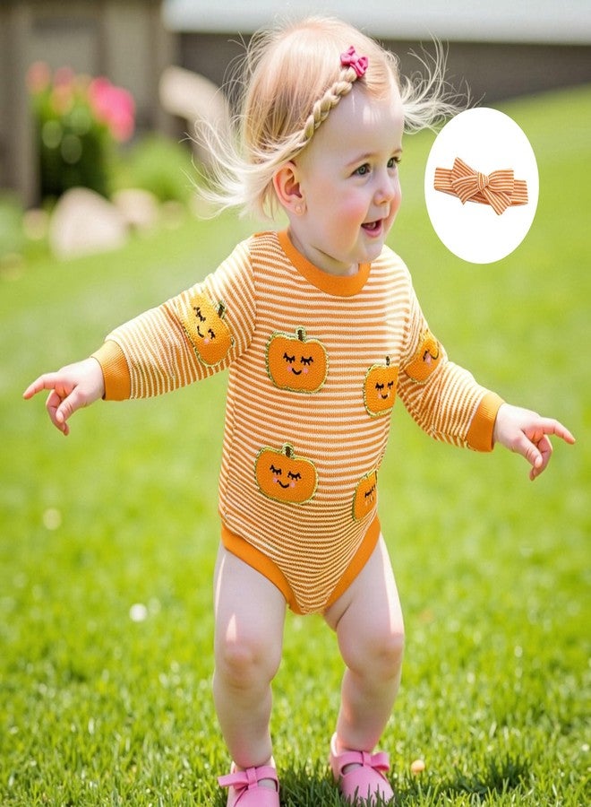 MERSARIPHY Newborn Baby Girl Boy Halloween Outfits Long Sleeve Stripe Waffle Knit Pumpkin Bubble Romper Fall Winter Clothes (Orange cute boo, 6-12 Months) - Image 3