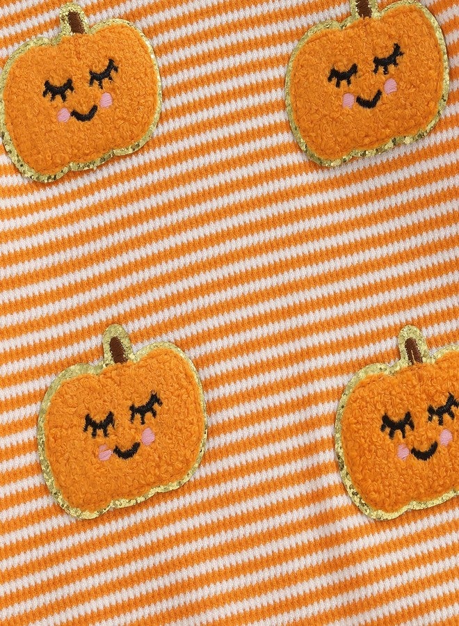 MERSARIPHY Newborn Baby Girl Boy Halloween Outfits Long Sleeve Stripe Waffle Knit Pumpkin Bubble Romper Fall Winter Clothes (Orange cute boo, 6-12 Months) - Image 5