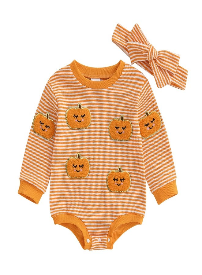 MERSARIPHY Newborn Baby Girl Boy Halloween Outfits Long Sleeve Stripe Waffle Knit Pumpkin Bubble Romper Fall Winter Clothes (Orange cute boo, 6-12 Months) - Image 1