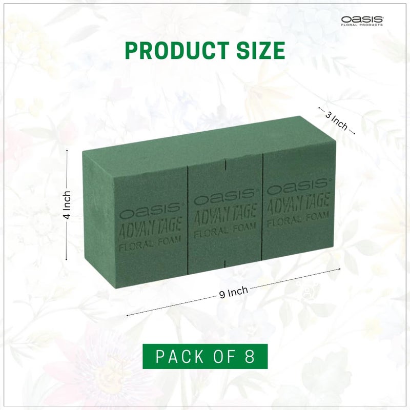 Oasis Pack of 8 Advantage Floral Foam Bricks | Green Florist Foam Blocks for Flower Arrangements in Home Décor, Weddings, Events, Festivals & More | Size 9 x 3 x 4 Inches - Image 2
