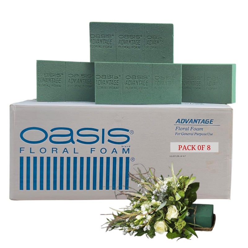 Oasis Pack of 8 Advantage Floral Foam Bricks | Green Florist Foam Blocks for Flower Arrangements in Home Décor, Weddings, Events, Festivals & More | Size 9 x 3 x 4 Inches - Image 1