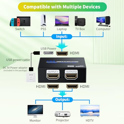 BolAAzuL 1x2 HDMI Splitter - 1in 2 out Multi-Port Adapter, 4K 1080P 3D, HDCP 1.4, Dual Monitors - Duplicate/Mirror Screen - Image 2