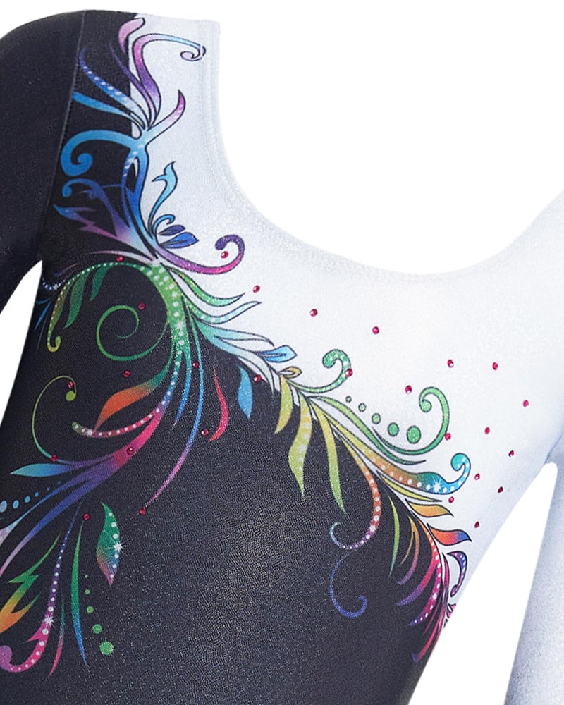 Gogokids Gymnastics Leotards for Girls Long Sleeve Sparkly Rhinestone Dance Unitard with Shorts & Scrunchie Activewear, B-white/Black, 8-9 years, 130 - Image 3