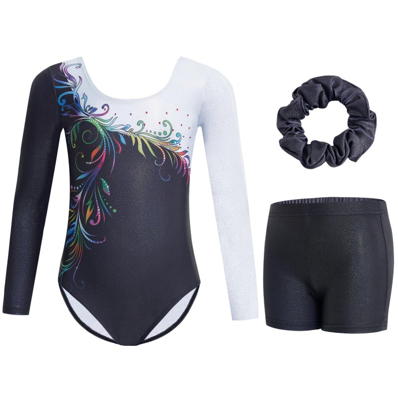 Gogokids Gymnastics Leotards for Girls Long Sleeve Sparkly Rhinestone Dance Unitard with Shorts & Scrunchie Activewear, B-white/Black, 8-9 years, 130 - Image 1