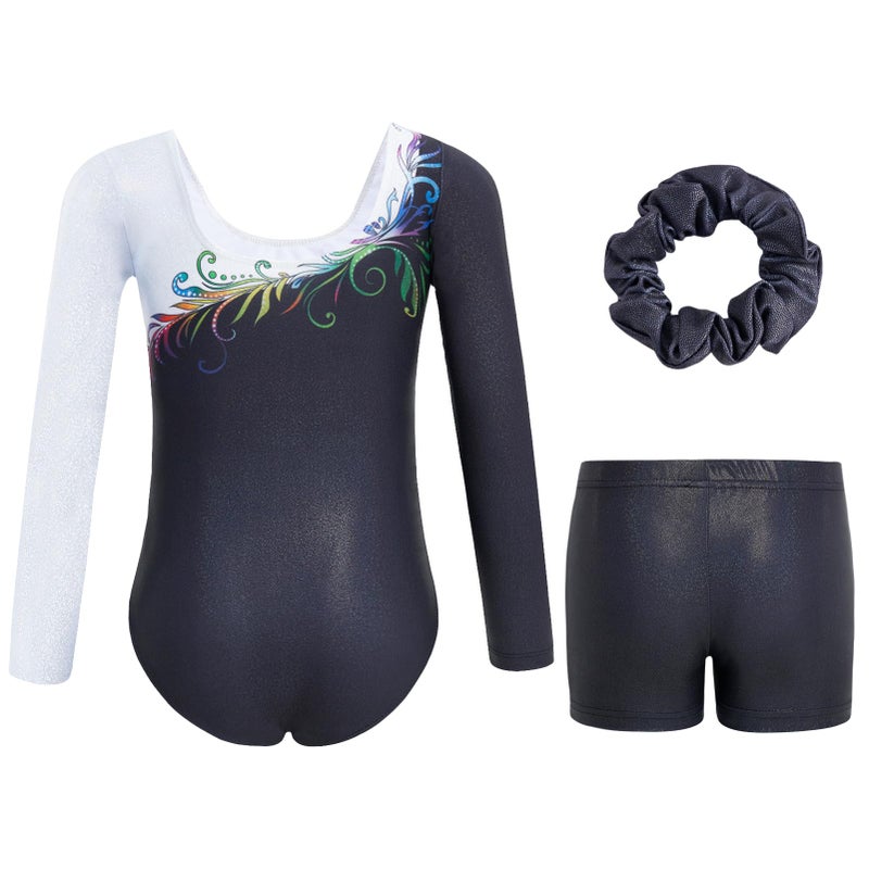 Gogokids Gymnastics Leotards for Girls Long Sleeve Sparkly Rhinestone Dance Unitard with Shorts & Scrunchie Activewear, B-white/Black, 8-9 years, 130 - Image 2