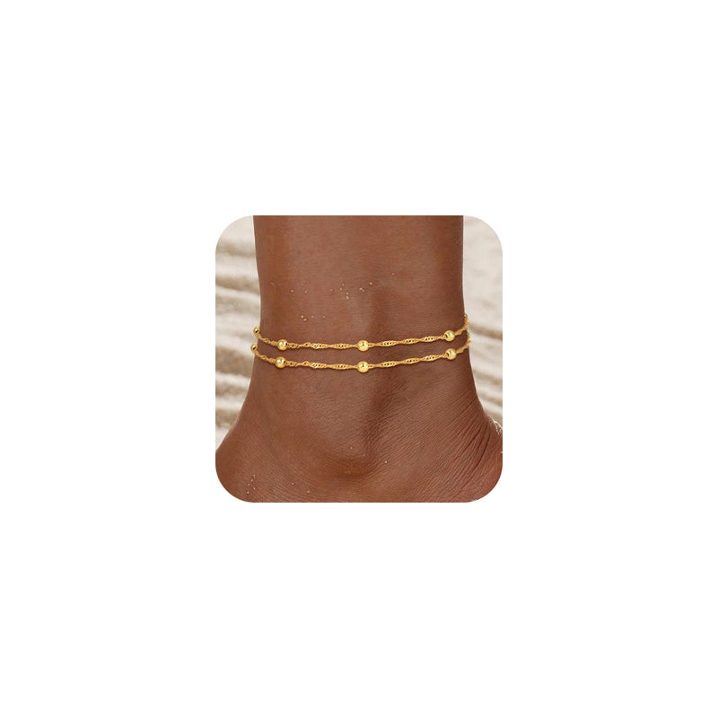 Treasure Bender Gold Ankle Bracelets for Women - 14K Gold Plated Layered Anklet Bracelet Singapore Chain Ankle Bracelets Layered Anklet Bracelet Waterproof Summer Jewelry for Women - Image 1