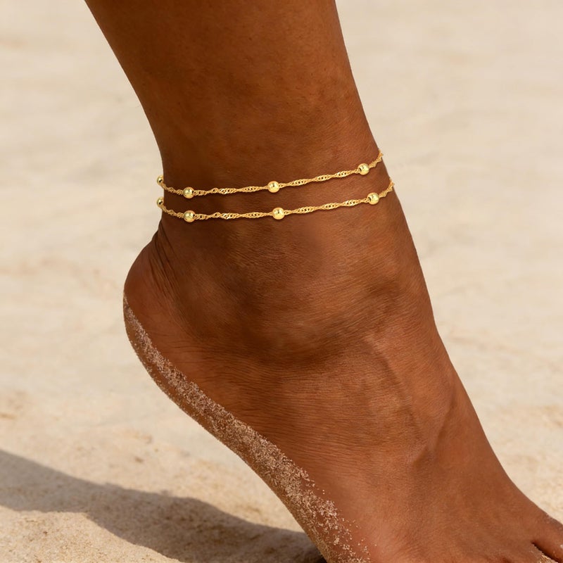 Treasure Bender Gold Ankle Bracelets for Women - 14K Gold Plated Layered Anklet Bracelet Singapore Chain Ankle Bracelets Layered Anklet Bracelet Waterproof Summer Jewelry for Women - Image 2
