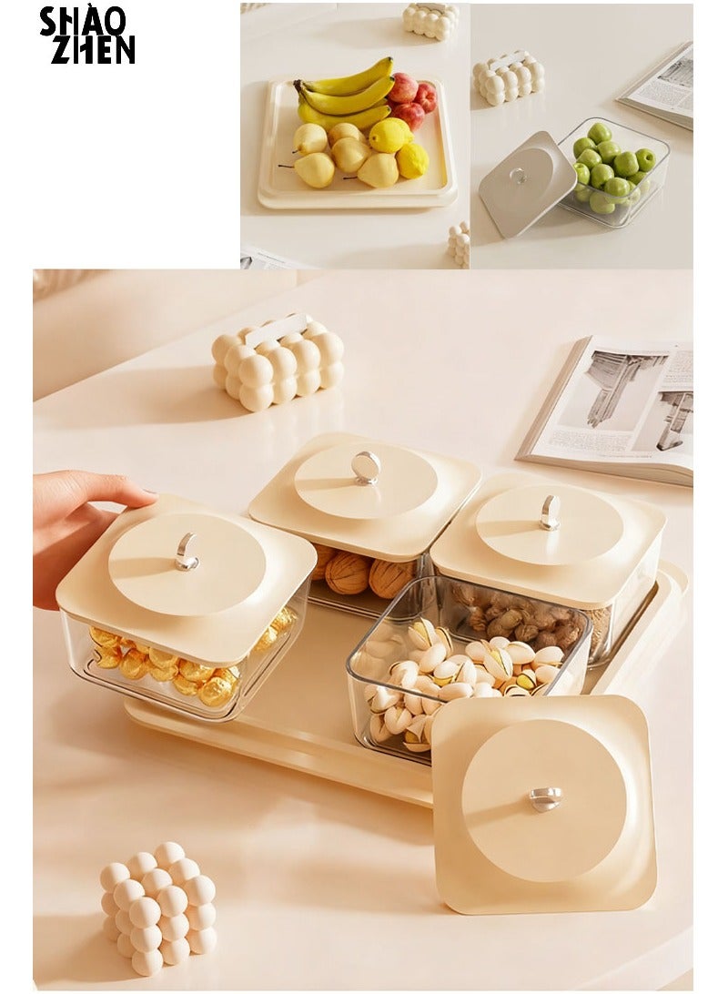 SHAOZHEN Elegant Creamy White Serving Tray Set with 4 Lidded Nut Containers & Dessert Plates - Multi-Purpose Snack Organizer for Fruits, Nuts, Sweets | Ideal for Home Hospitality, Parties, Festive Gifts - Image 1