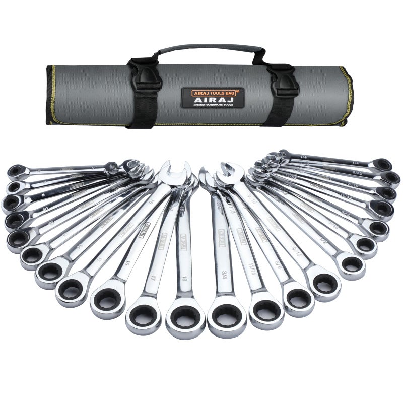 AIRAJ Combination Wrench Set22Piece Ratcheting Wrench SetLong Open End72Tooth Ratchet DriveCRV SteelOrganizer With Tool Roll Bag1434 618mmSAE Metric