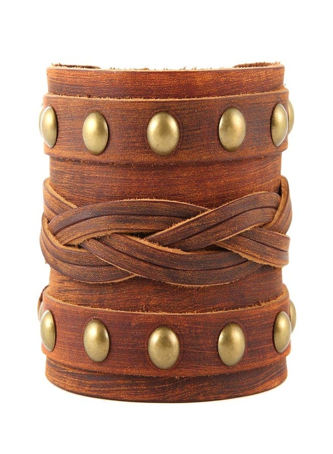 STWTR Men's Wide Cuff Wristband Punk Rock Motorbike Wide Belt Leather Bracelet (Brown-C) - Image 5